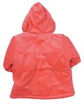Neonově korálový sametový zateplený kabátek s kapucí 