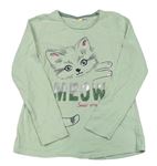 Zelené triko s nápisem s flitry a kočičkou Kids 