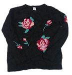 Černý chlupatý svetr s květy C&A