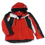 Bílo-černo-červená šusťáková zimní bunda s kapucí 