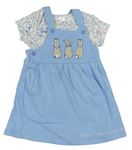 2 set - Světlemodré laclové šaty s králíky + bílo-modré vzorované body 