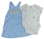 2 set - Světlemodré laclové šaty s králíky + bílo-modré vzorované body 