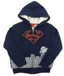 Tmavomodrá propínací zateplená mikina s budovami a znakem - Superman a kapucí 