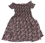 Černo-růžové květované lehké šaty s žabičkováním E-Vie