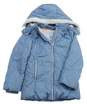 Modrošedá prošívaná šusťáková zimní bunda s nápisy a odepínací kapucí s kožešinou Zebralino