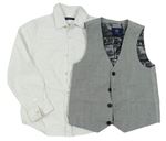 2Set - Šedá melírovaná slavnostní vesta + bílá vzorovaná košile Next