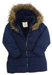 Tmavomodrý šusťákový zimní kabát s kapucí s kožíškem Primark  
